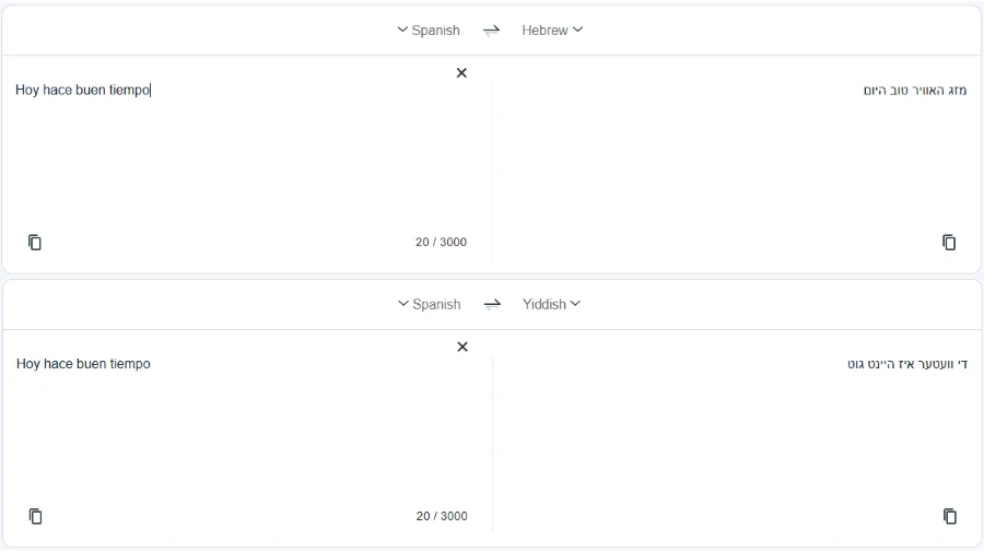 Comparación de la ortografía hebrea y yidis
