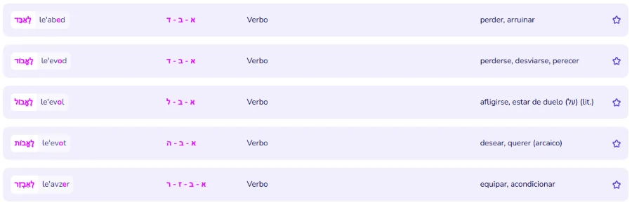 Lista de verbos con raíces y traducciones al español